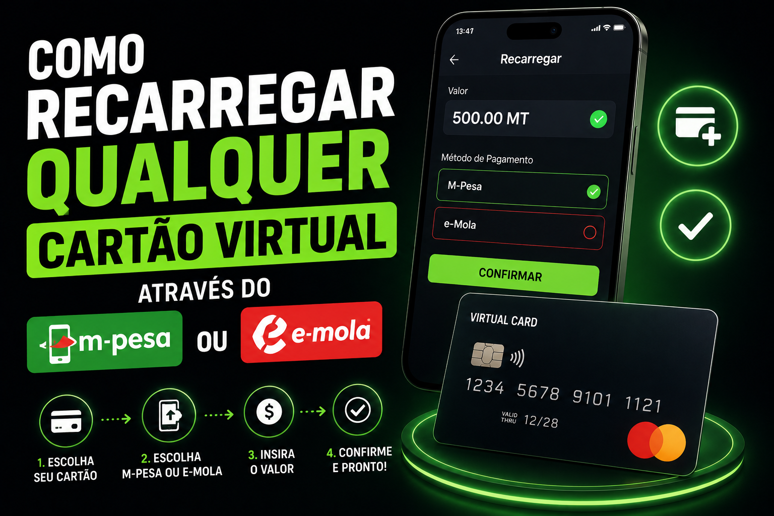 Como Recarregar Qualquer Cartão Virtual Através do M-Pesa ou e-Mola